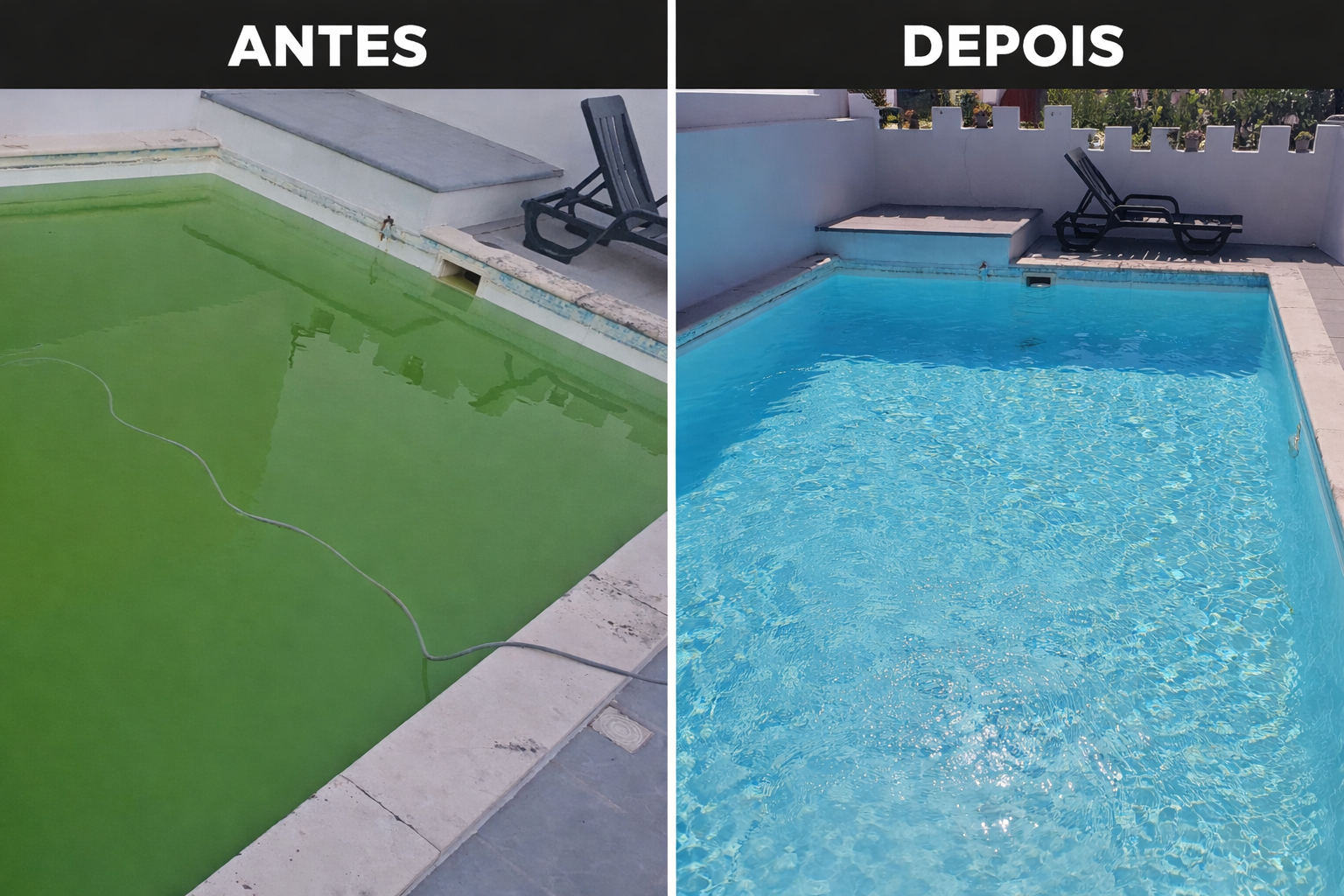 Antes e depois de limpeza de piscina com contactos AquaPool